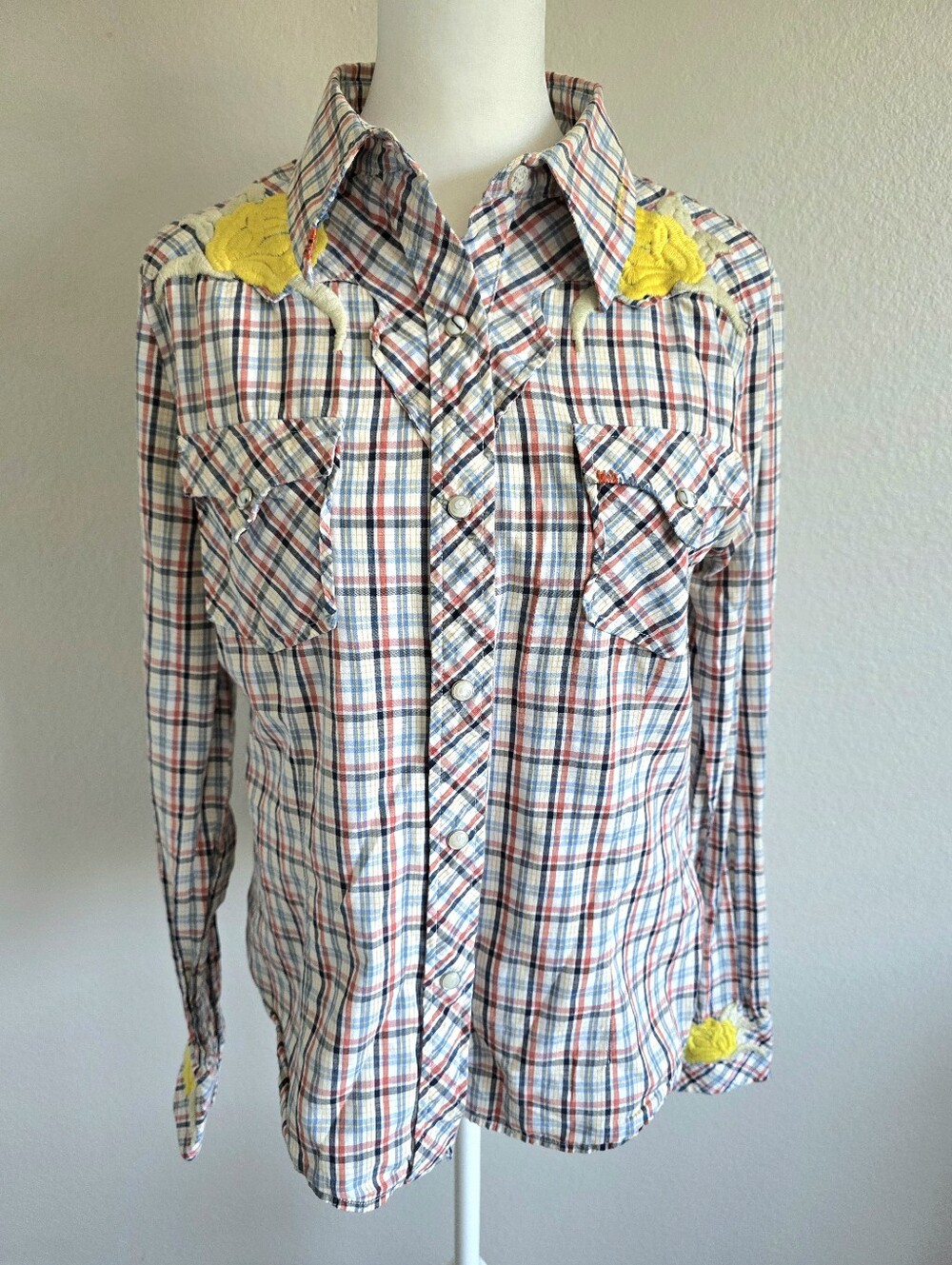 Vigoss Women Western Shirt Pearl Snap Plaid Embroidered Cotton Size L M Cowgirl